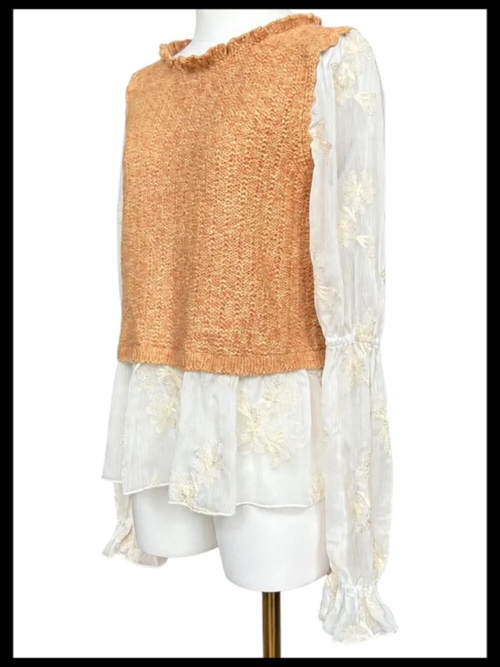 Anthropologie Layered Knit Cropped Vest Cream Orange Lace Embroidered Blouse_S